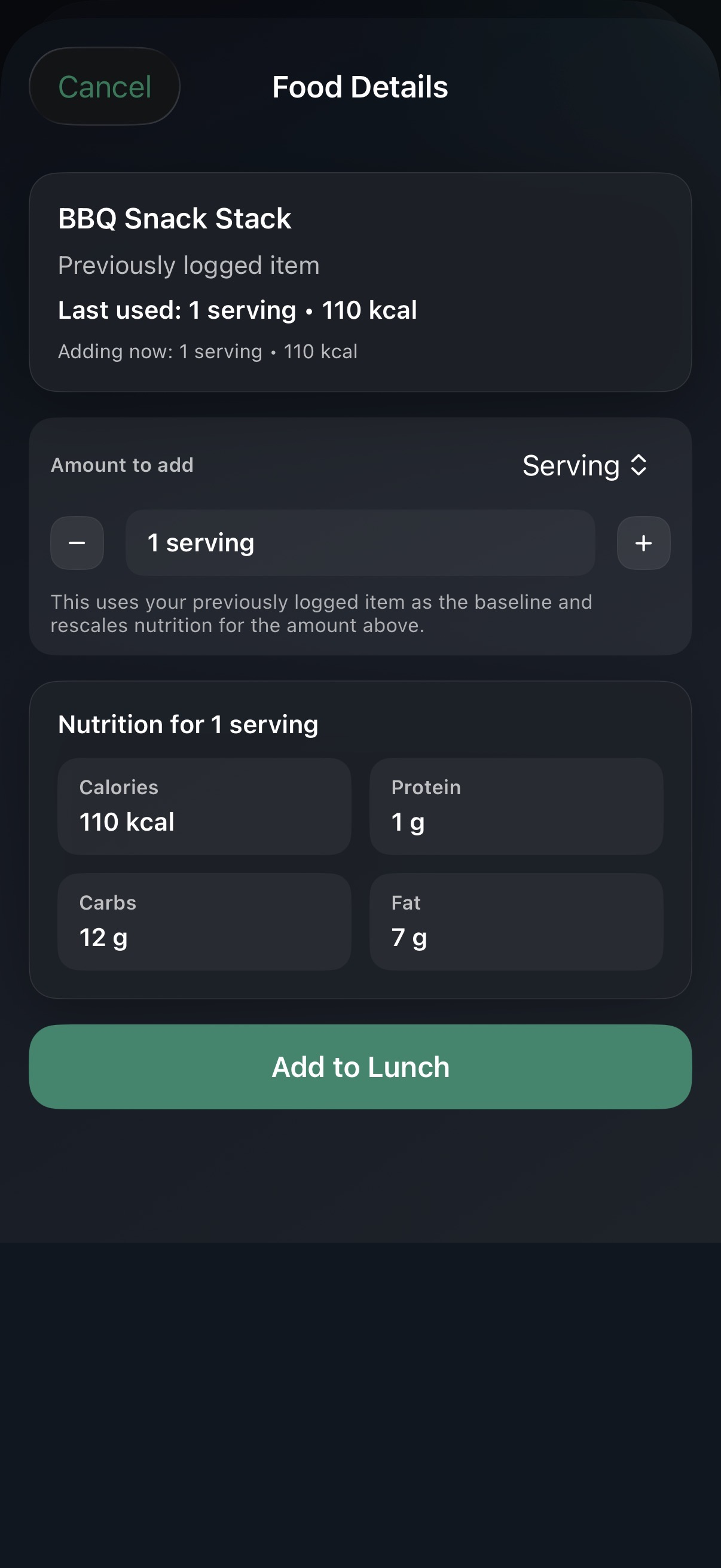 NourishPace add food screen showing search, barcode scan access, and previously logged foods