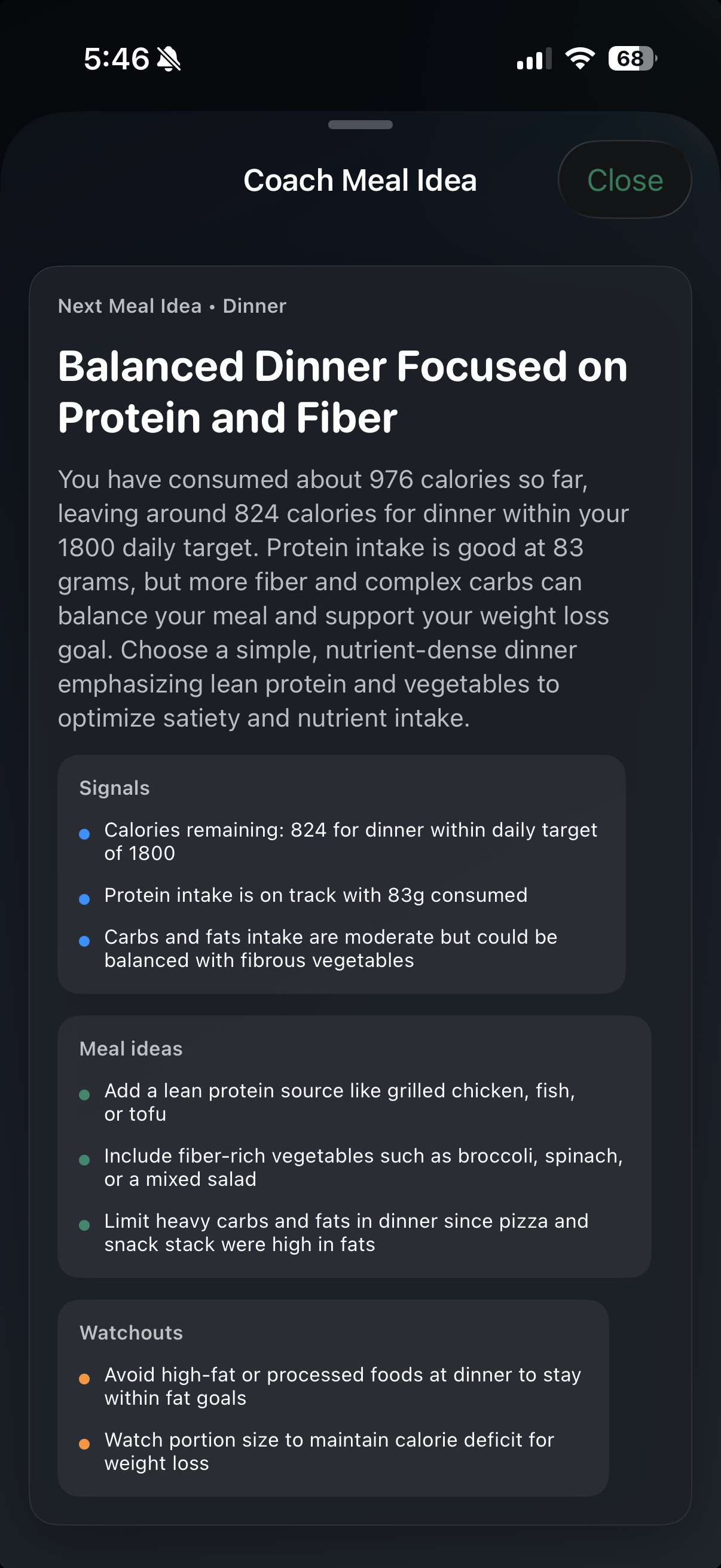 NourishPace coach meal idea screen showing a concrete dinner recommendation based on the day so far