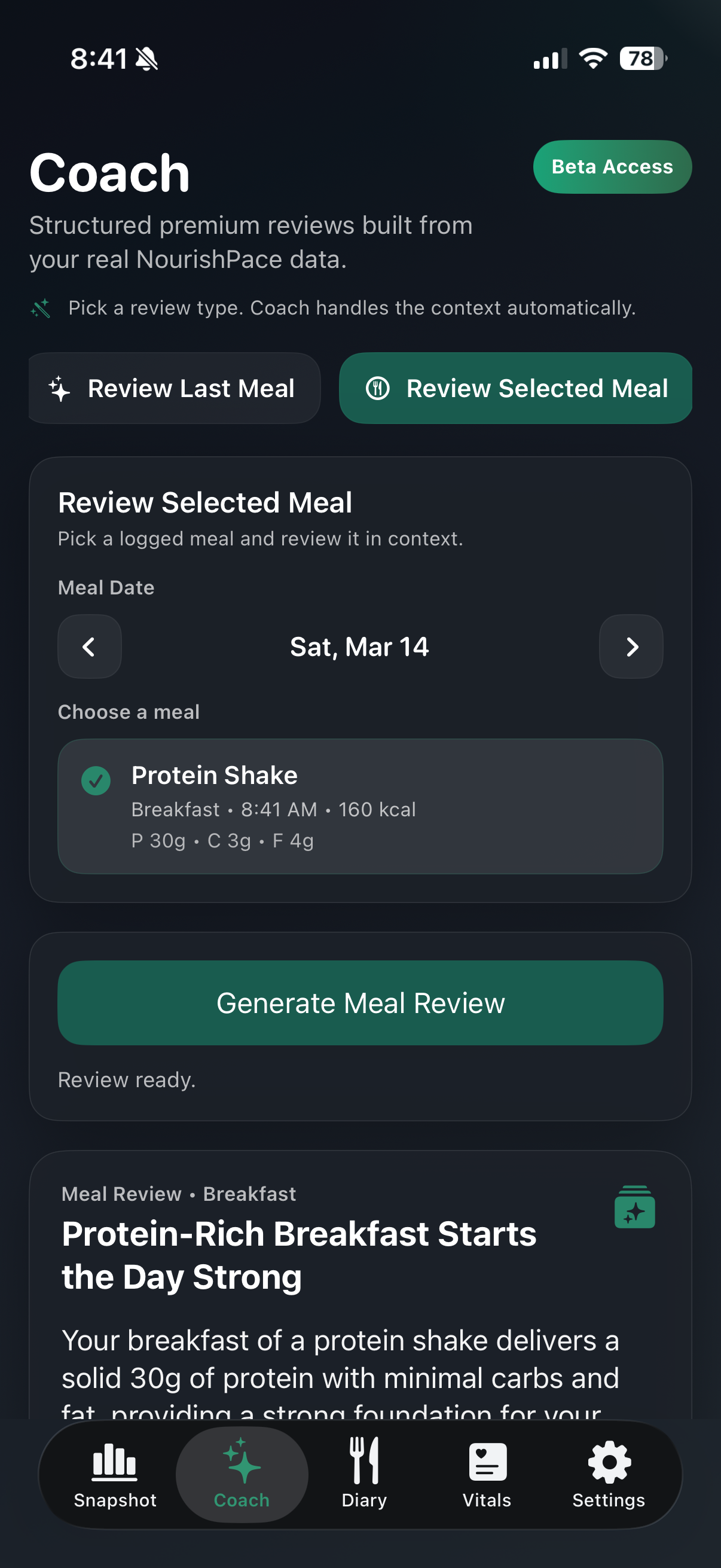 NourishPace coach meal review screen