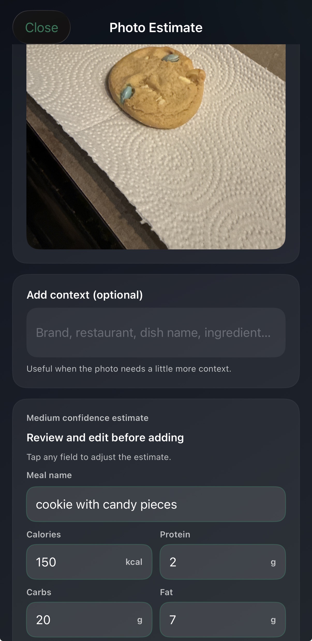 NourishPace photo estimate screen showing a meal photo, optional context field, and editable calories and macros before logging