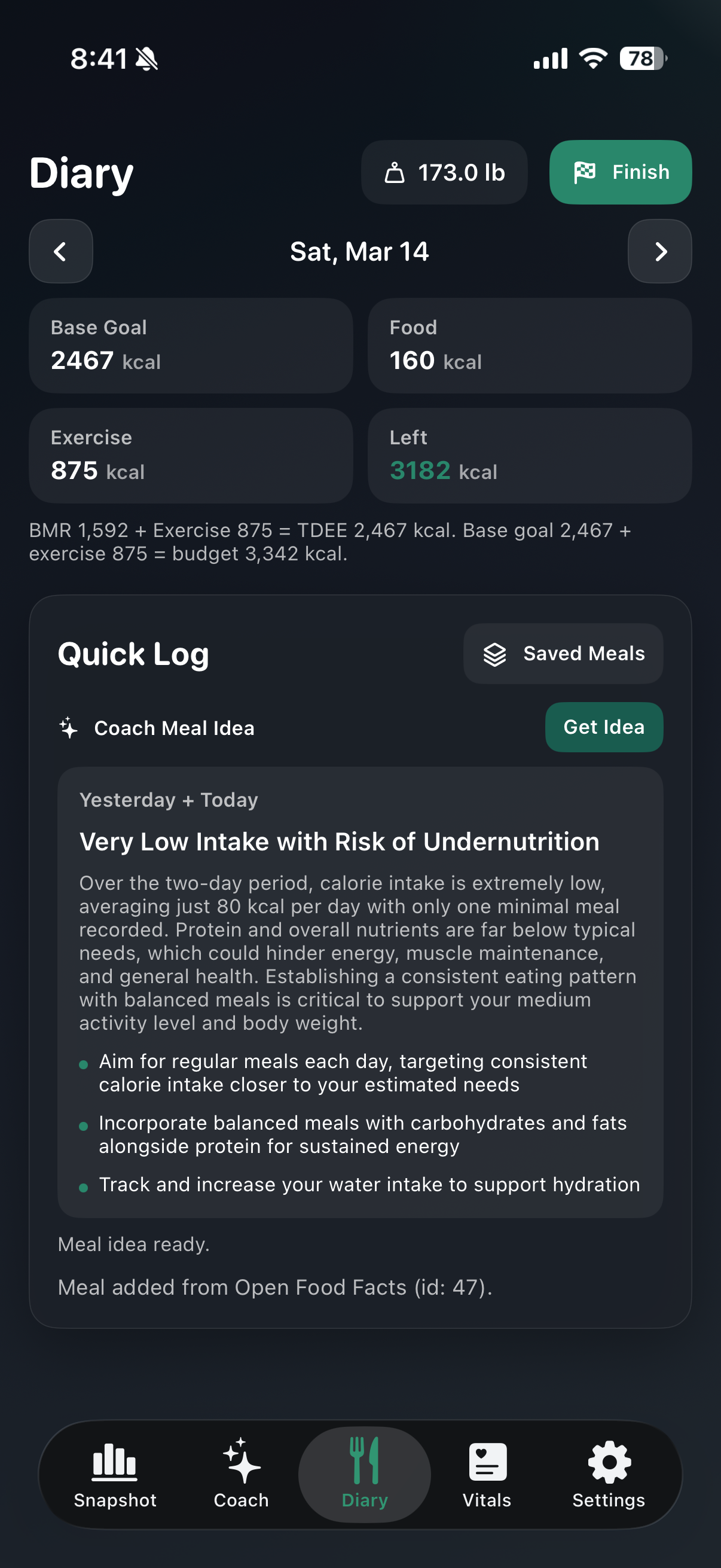 NourishPace snapshot screen