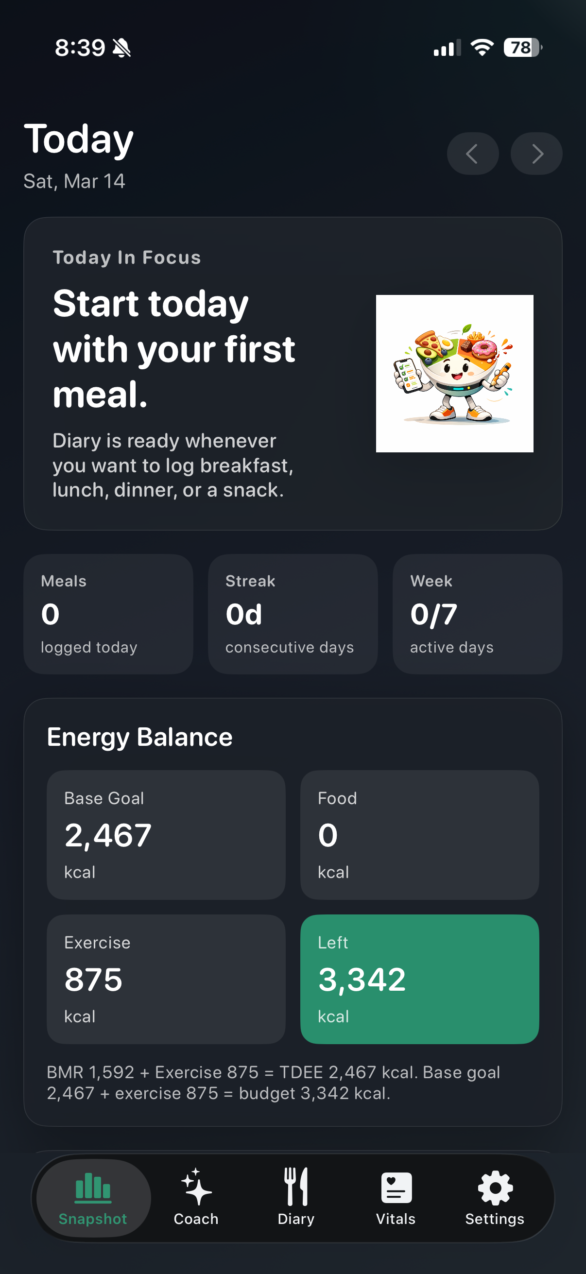NourishPace snapshot screen showing meals logged, calories left, and weekly pace that help the habit stay visible